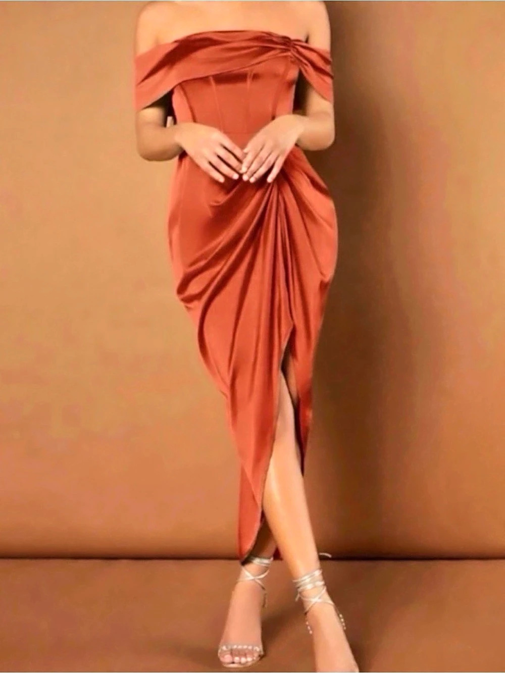 Off-Shoulder Draped Maxi Dress in Copper Satin